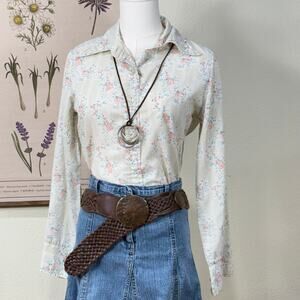 Vintage 70s Floral Button Up Shirt Cottage Prairie Farmers Daughter Coquette S